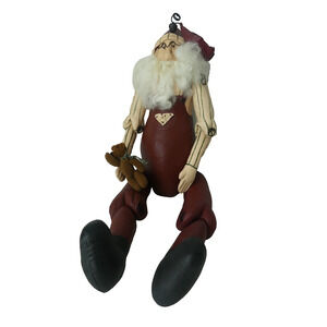 Vtg Fabric Mache Santa Jointed Shelf Sitter Teddy Bear Bell Hat 23" Christmas